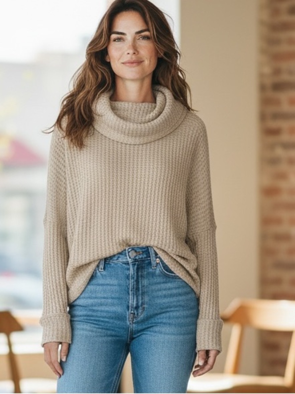 🆕Free People Juicy Long Sleeve Stone Cold Beige Waffle Knit Cowl Neck Size M